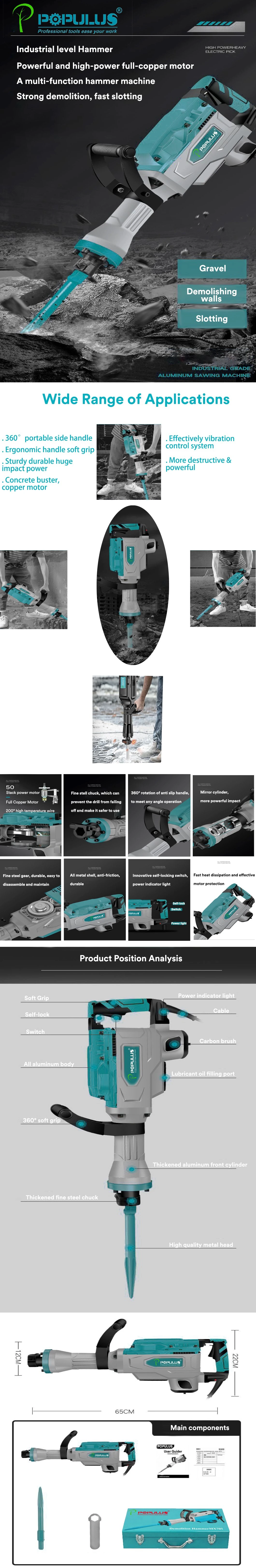 Populus New Arrival Industrial Quality pH65 2250W Demolition Breaker High Quality Electric Demolition Hammer Jack Hammer/Rotary Hammer