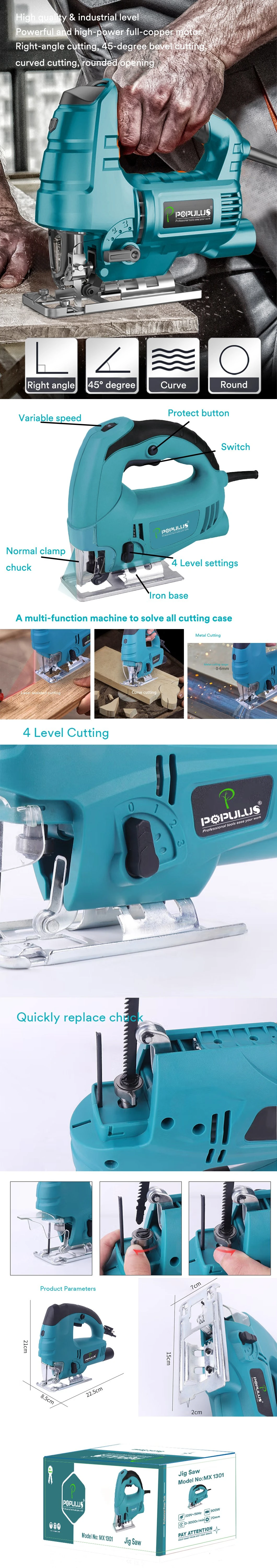 Populus New Arrival Industrial Quality Jig Saw Power Tools 900W/3000rpm